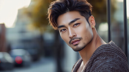 Obraz premium Handsome Asian man posing outdoors