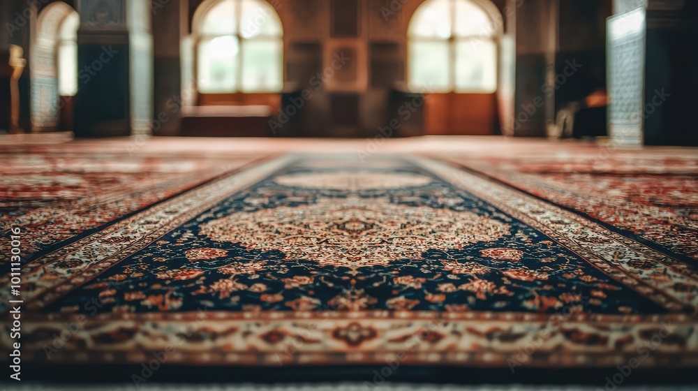 Poster a close-up view of an intricate carpet design in a serene interior space with soft lighting and beau