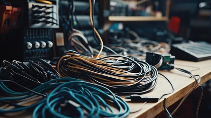 A close-up view of various colorful audio cables tangled on a wooden surface, representing creativity and audio production.
