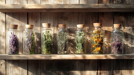 A collection of dried herbs in glass jars on a wooden shelf, showcasing natural beauty and rustic charm.