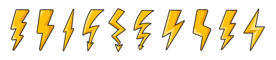 Lightning bolt icons set isolated on transparent background. Flash lightning bolt icons, energy symbols, dynamic graphic elements