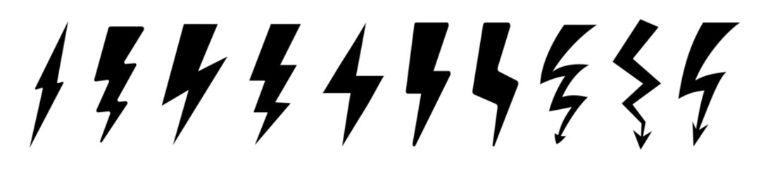 Set lightning bolt set on transparent background. Thunderbolt flat style. Electric power symbol. Power energy sign