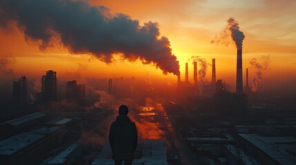 Fototapeta premium concept of carbon emissions represented by smoke billowing from factory chimneys ,sinking into thick smog the environmental consequences of industrial pollution generative ai