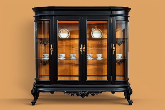 Elegant black cabinet displaying fine china in a warm-toned setting
