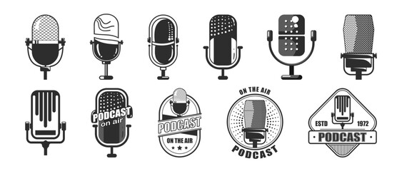 Microphone vector icon set isolated on transparent background. Podcast or Radio Logo design. Voice vector icon, record