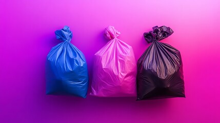 Three garbage bags hanging on a purple wall background