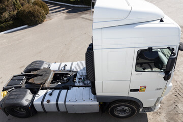 white cab of a truck without a trailer, top view. Commercial vehicles, business transport