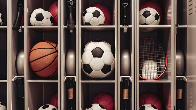 Organized Sports Equipment in Lockers A Detailed Photo of Various Balls and Rackets