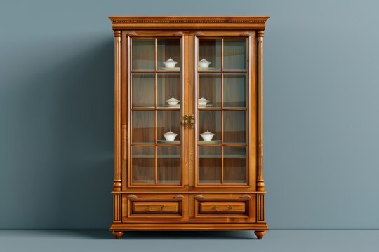Elegant wooden display cabinet showcasing porcelain items against a blue wall