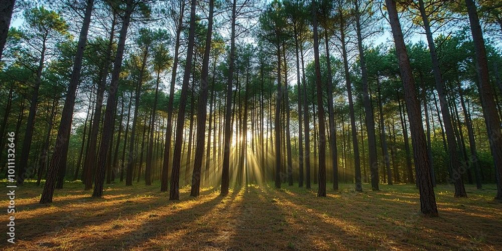 Poster sunbeams filtering through the trees in a lush forest.