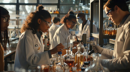A university lab filled with diverse students and professors engaging in research in STEM disciplines.