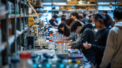 Obraz premium A university lab filled with diverse students and professors engaging in research in STEM disciplines.