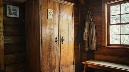 A cozy wooden wardrobe stands against a rustic cabin wall, reflecting warmth and charm in a tranquil setting.