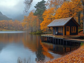 Fototapeta premium Autumn in the Cairngorms features a serene lake surrounded by vibrant colors.