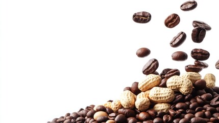 Obraz premium A pile of coffee beans and peanuts, with some beans floating above.