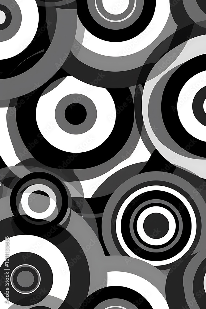 Poster monochromatic abstract background featuring interwoven circles: a striking black and white compositi