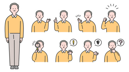 年配男性 上半身・表情バリエーション