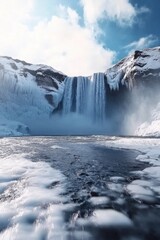 Frozen waterfall on frozen lake