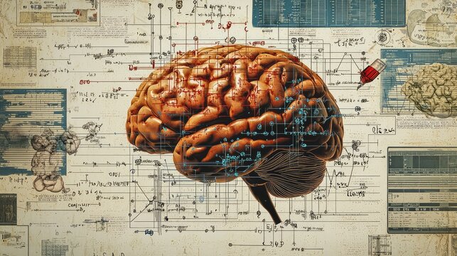 A detailed illustration of a human brain, surrounded by scientific diagrams and equations, symbolizing knowledge and intelligence.