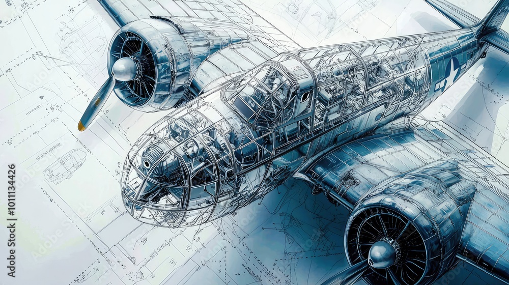 Poster a detailed wireframe model of an airplane over a blueprint background, showcasing intricate design a
