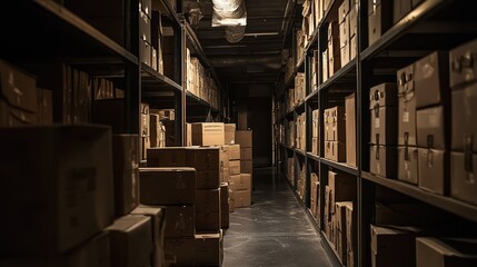 A dimly lit warehouse hallway filled with stacked boxes on shelves, creating a mood of storage and industrial space.