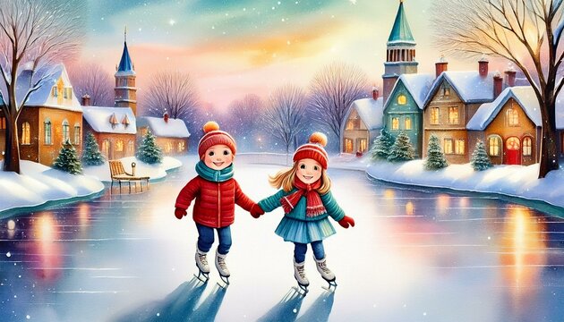 Fototapeta Dzieci jeżdżące na łyżwach. Ilustracja, grafika