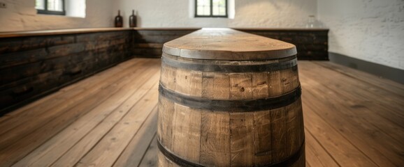 A barrel sits on a wooden floor in a room