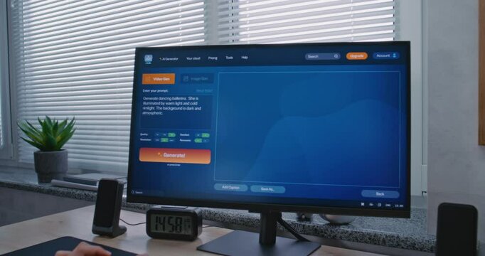 Adult woman types prompt in AI video generator on PC. Artificial intelligence chatbot software generate detailed high-quality video of dancing ballerina. From text prompt to realistic generated video.