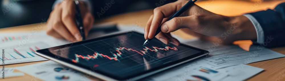 Poster close-up view of hands analyzing data on a tablet, showcasing charts and graphs for business and fin