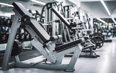 Modern gym interior with exercise equipment, including weight benches, dumbbells, and machines.