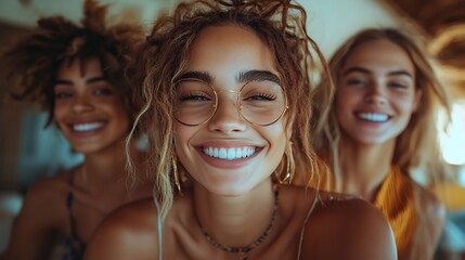 Fototapeta premium diverse group of friends with mixed races having fun together ,taking selfie indoors friendship ,lifestyle concepts