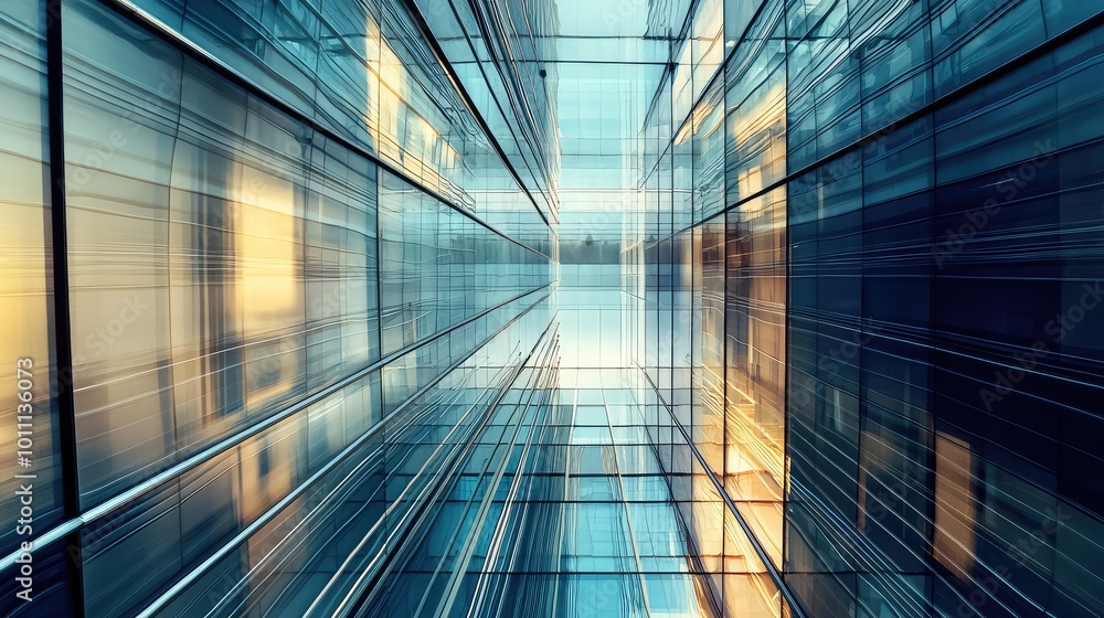 Poster a dynamic perspective of a modern glass building, showcasing reflections and abstract lines that cre