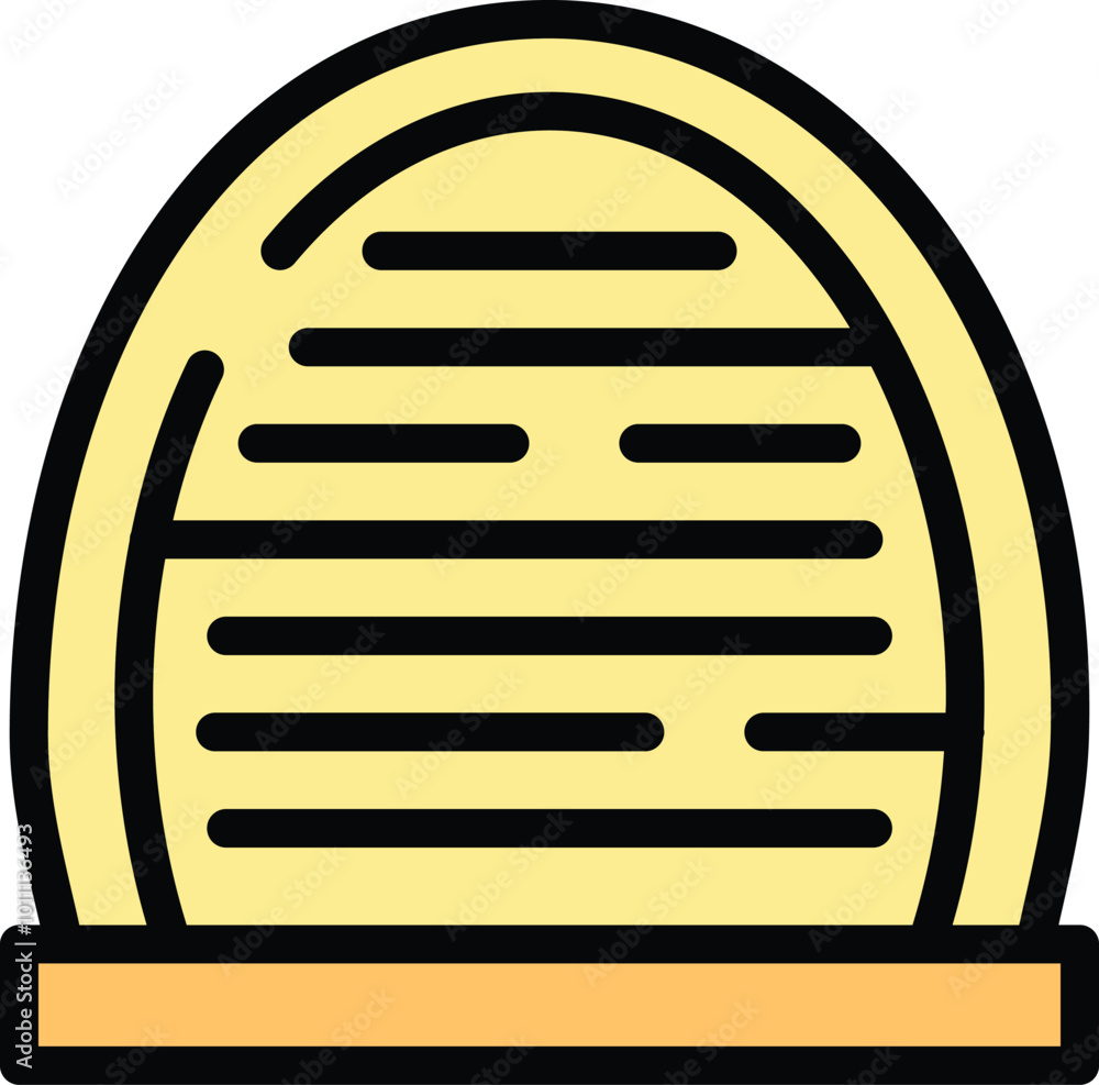 Poster round wicker basket with lid standing on wooden surface, top view of empty hamper for storage