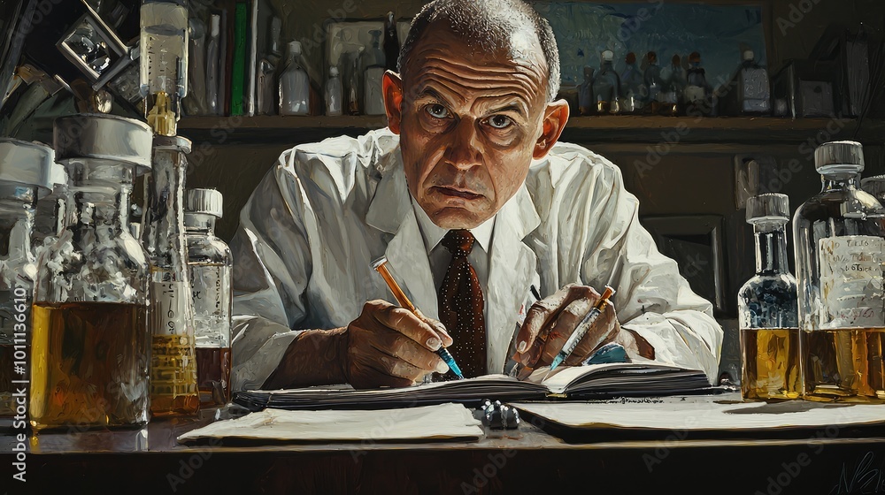 Poster a focused scientist in a lab, writing notes with various glass containers filled with substances in 