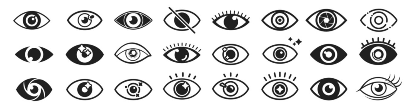 Eye icon set. Eyes related line icons. View and eye vector linear icon set. Open eyes images.