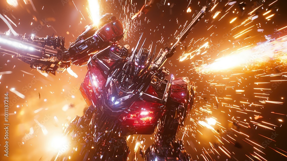 Poster a futuristic robot engaged in battle, surrounded by dynamic explosions and vibrant sparks, showcasin