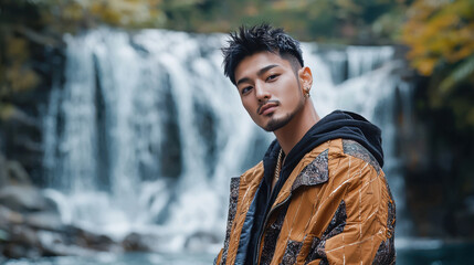 Young Man Posing in Front of a Waterfall