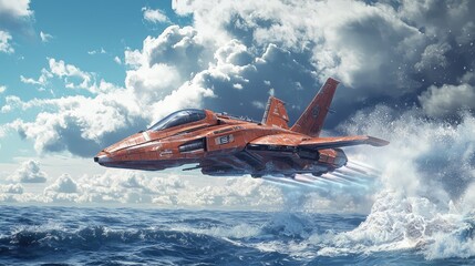 A futuristic orange jet navigating through dynamic clouds above the ocean, showcasing advanced aerodynamics and sleek design.