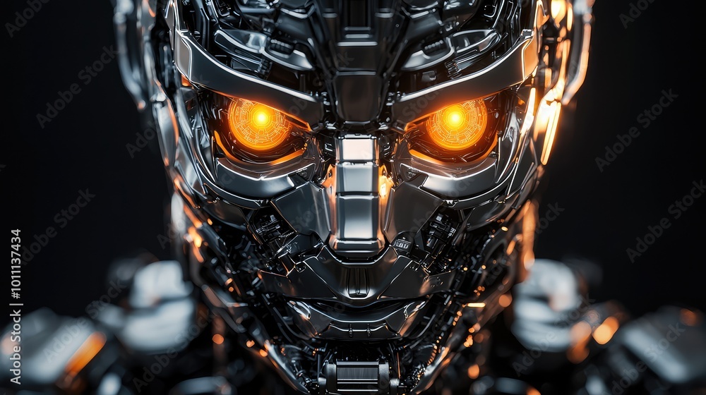 Poster a futuristic robot with glowing orange eyes and metallic features, showcasing advanced technology an