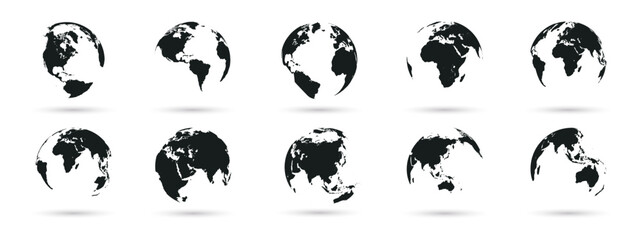 Set of transparent globes of Earth. Global map. Map symbol. Realistic world map in globe shape with transparent texture and shadow