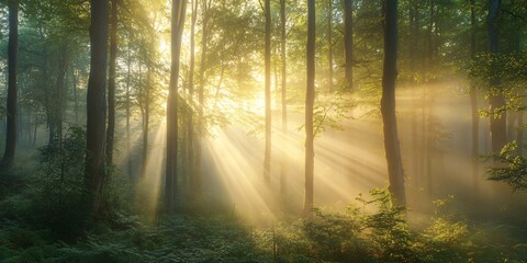 Fototapeta premium Sunbeams pierce through the mist and trees in a forest.