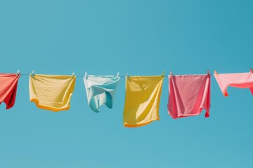 Colorful laundry drying on a sunny day against a clear blue sky