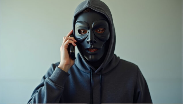 Masked Figure in Hoodie Making Mysterious Phone Call - Personnage masqu&eacute; en sweat &agrave; capuche passant un appel t&eacute;l&eacute;phonique myst&eacute;rieux.