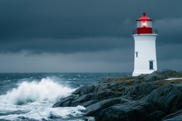 Obraz premium Striking Red and White Lighthouse on Rocky Coastline