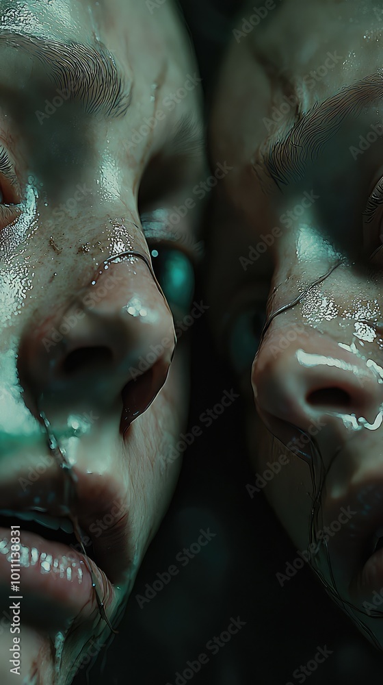 Poster a haunting portrait capturing the intense gaze of two faces, merging emotion and surrealistic elemen