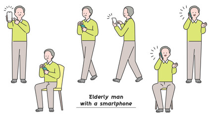 スマートフォンを操作する年配男性　ポーズバリエーション