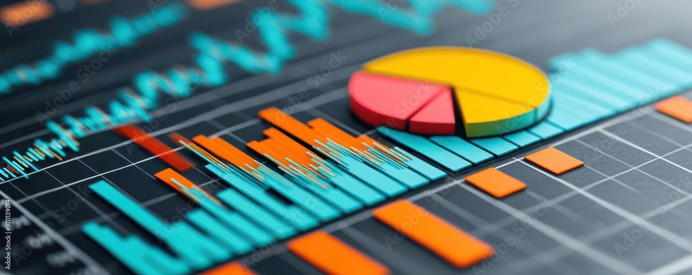 Poster colorful financial graphs and charts representing data analysis and business growth in a modern digi