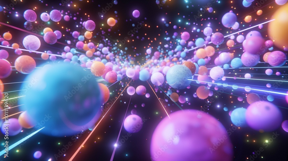 Poster glowing planets with neon traces in dark space 3d rendering image. motion through amazing cosmos bac