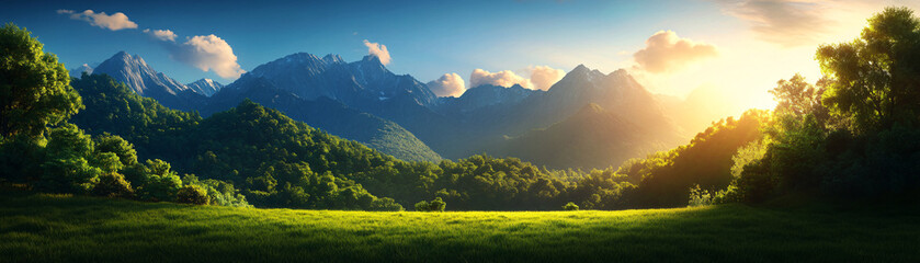 A beautiful mountain landscape with a bright sun shining on the trees. The sky is clear and the mountains are covered in snow. The scene is peaceful and serene