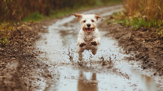 A joyful dog leaps through muddy puddles on a dirt path, showcasing its playful spirit and love for adventure in nature.